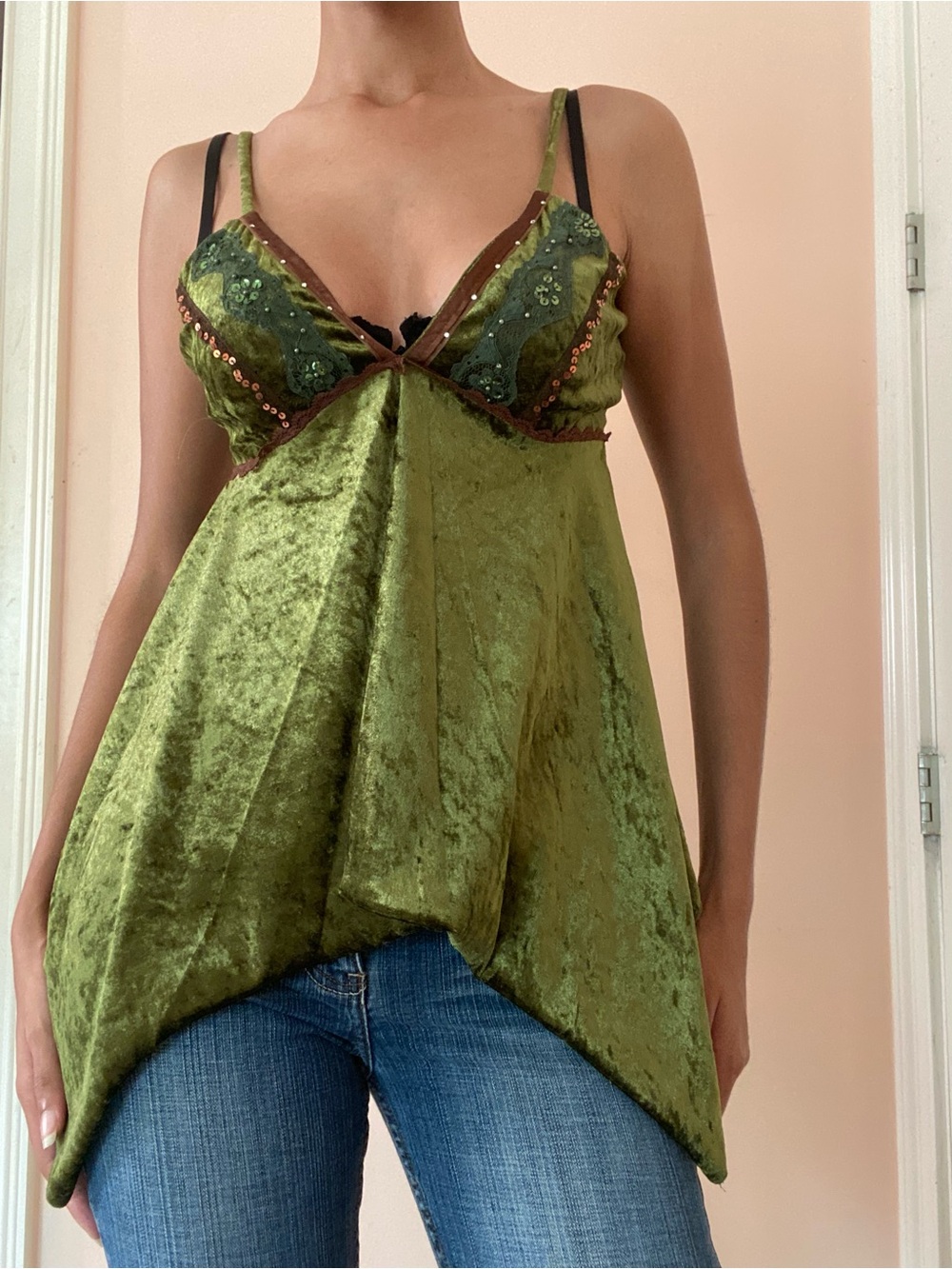 Olive Green Crushed Velvet Sequin Cami